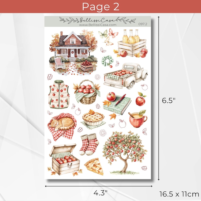 May include: A sticker sheet featuring watercolor illustrations of autumn-themed elements. Includes a house, apples, a truck, pie, a cat, and a tree. The sheet measures 4.3" x 6.5" (11 x 16.5 cm).