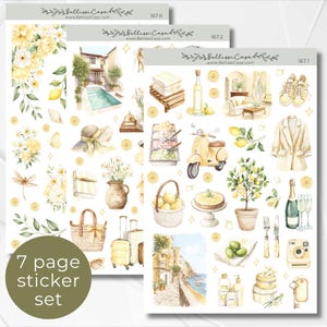 May include: A sticker set featuring watercolor illustrations of lemons, flowers, and travel-themed items. The set includes images of a scooter, suitcase, and a lemon tart. The text "7 page sticker set" is visible.