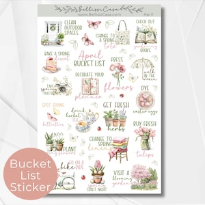 May include: A sticker sheet featuring an April bucket list with watercolor illustrations. The sheet includes images of flowers, butterflies, gardening tools, and text such as "Decorate your planner" and "Visit a blooming garden."