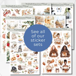 Op de afbeelding: Een verzameling decoratieve sticker vellen met aquarel illustraties. De vellen tonen verschillende thema's, waaronder herfst, Halloween en portretten van vrouwen. De tekst "See all of our sticker sets" is zichtbaar.