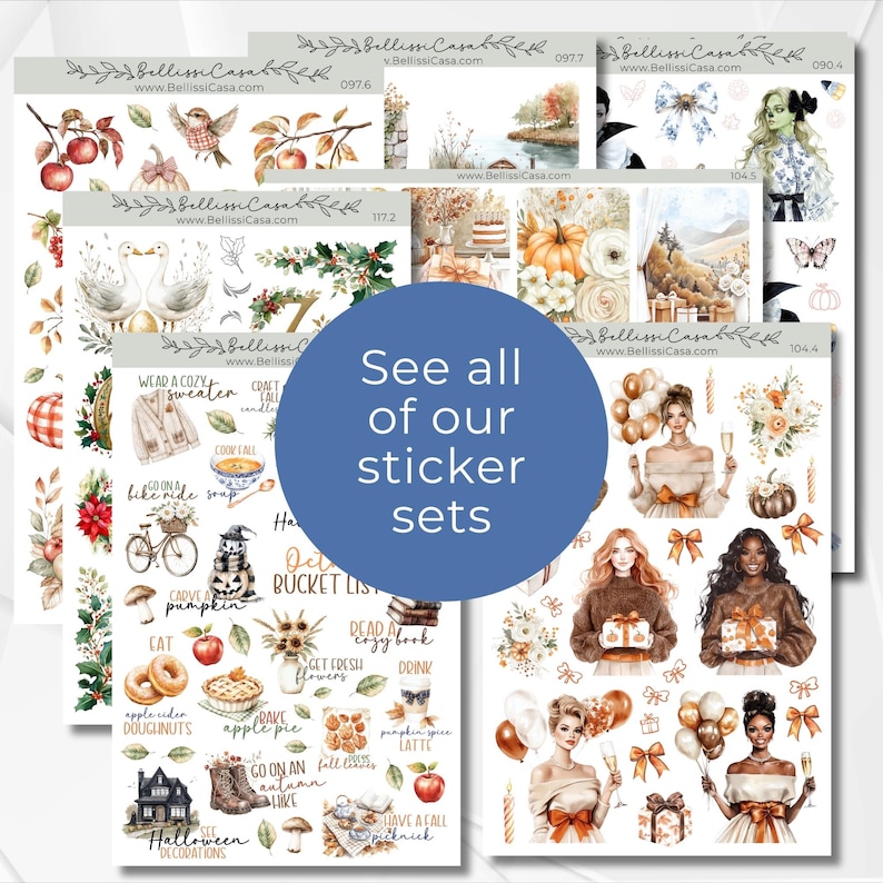 Op de afbeelding: Een verzameling decoratieve sticker vellen met aquarel illustraties. De vellen tonen verschillende thema's, waaronder herfst, Halloween en portretten van vrouwen. De tekst "See all of our sticker sets" is zichtbaar.