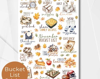 November Bucket List Sticker Blatt, Saisonaler Planer Sticker Aquarell Kalender Planer Journaling Sticker Seite für Bullet Journal