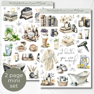 May include: Watercolor illustration of spa and relaxation items. The image includes stacks of towels, books, candles, drinks, bathrobes, and a bathtub. The text "just breathe you are enough" is also present.