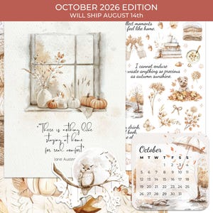May include: A collection of autumn-themed stationery featuring watercolor illustrations of pumpkins, an owl, and a window scene. The text reads, "There is nothing like staying at home for real comfort" by Jane Austen, alongside an October 2026 calendar.
