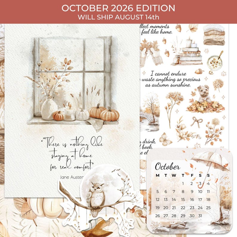May include: A collection of autumn-themed stationery featuring watercolor illustrations of pumpkins, an owl, and a window scene. The text reads, "There is nothing like staying at home for real comfort" by Jane Austen, alongside an October 2026 calendar.