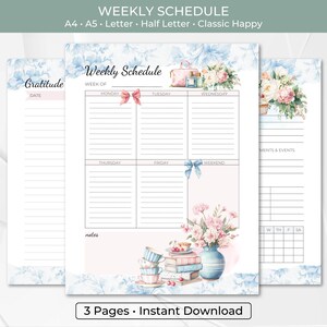 Planificador semanal imprimible, lista de objetivos y tareas, diario de gratitud, planificador digital feliz (tamaño carta/media/A4/A5) descargable, Coquette 079