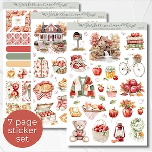 May include: A 7-page sticker set featuring watercolor illustrations of autumn themes. The stickers include images of apples, houses, sweaters, and other fall-related items. The text "7 page sticker set" is visible.