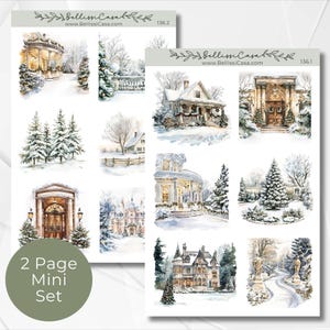 May include: A two-page mini set of winter-themed watercolor stickers. The stickers feature various snowy scenes, including houses, buildings, and evergreen trees. The set includes the text "2 Page Mini Set" in a green circle.