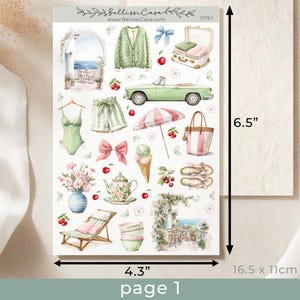 May include: A sticker sheet featuring watercolor illustrations of summer and travel themes. Includes a green convertible car, a swimsuit, shorts, a parasol, a handbag, and a lounge chair. The sheet measures 4.3 inches by 6.5 inches.
