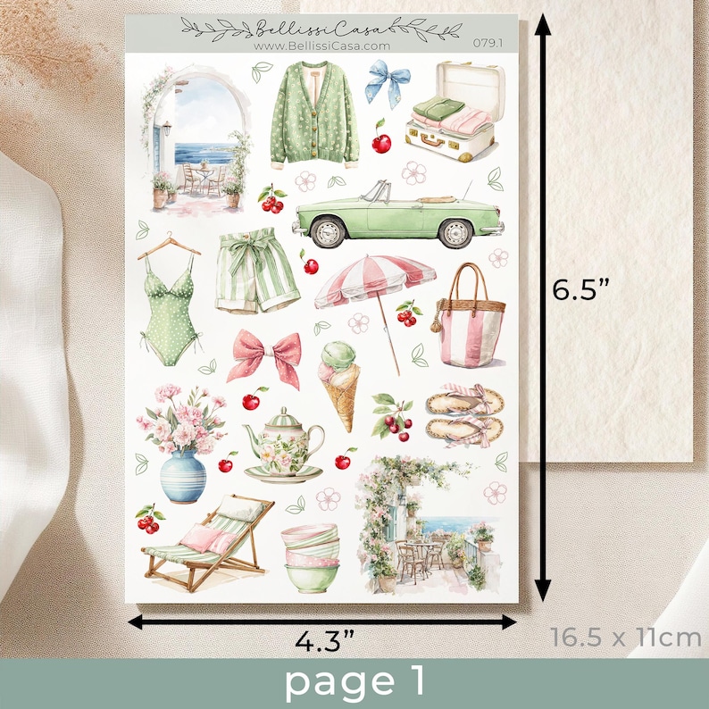 May include: A sticker sheet featuring watercolor illustrations of summer and travel themes. Includes a green convertible car, a swimsuit, shorts, a parasol, a handbag, and a lounge chair. The sheet measures 4.3 inches by 6.5 inches.