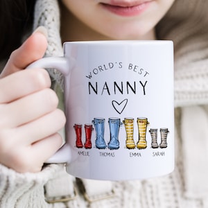 Nanny Thank You Gift, Personalized Coffee Mug Gift for Nanny Birthday Gift, Custom Welly Kids Print with Names, Wellington Boots, Babysitter