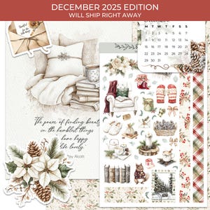 Op de afbeelding: Een decoratieve stickerpagina met een gezellig winterthema. De pagina bevat illustraties van een kalender, dennenappels, boeken, een kopje koffie en de tekst "DECEMBER 2025 EDITION WILL SHIP RIGHT AWAY".