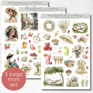 May include: A set of three watercolor sticker sheets featuring illustrations of summery scenes, including a woman in a straw hat, a bicycle, a watermelon, a hammock, a book, and a glass of lemonade. The stickers are perfect for adding a touch of whimsy to your planner, journal, or scrapbook.