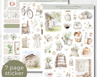 Seizoensgebonden planner stickervellen, een platteland lente kalender planner journaling sticker set, aquarel Bullet Journal stickers, 0151
