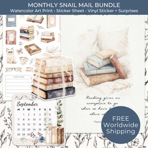 May include: A monthly snail mail bundle featuring a watercolor art print, sticker sheet, and vinyl sticker. The items display stacks of books, a cat, a September calendar, and the quote Reading gives us someplace to go when we have to stay where we are.