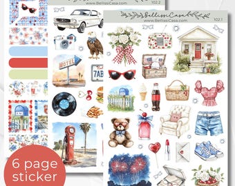 May include: A 6-page sticker set featuring watercolor illustrations of Americana themes. Includes images of a classic car, eagle, motel sign, and a house. Other stickers include a teddy bear, ice cream, and fireworks.