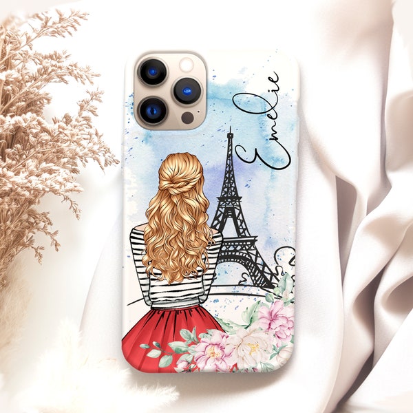 Custom Paris Theme Phone Case, Personalized Pink Floral Paris Eiffel Tower Portrait iPhone Case French Gift for Teenage Girl Best Friend