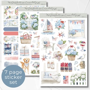 Seasonal Planner Sticker Sheets, Hello July 4th of July Calendar Planner Journaling Sticker Set, Watercolor Bullet Journal Sticker Pack 084