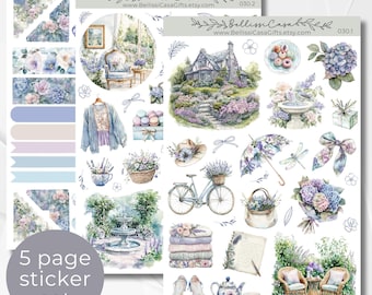 May include: A five-page sticker set featuring watercolor illustrations of a cottage, garden, flowers, teacups, and other whimsical elements. The stickers are perfect for adding a touch of charm to planners, journals, and other craft projects.