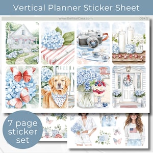 Puede incluir: Hoja de pegatinas para planificador vertical con ilustraciones de acuarela de una casa, flores, una cámara, velas, un perro y postres. La hoja incluye el texto "Vertical Planner Sticker Sheet" y "7 page sticker set".