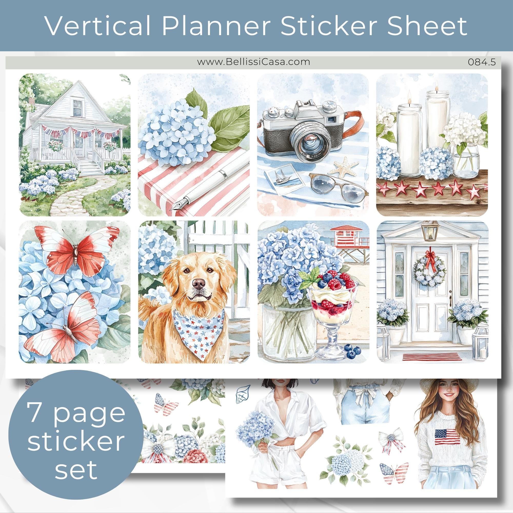 EC Vertical Planner Sticker Sheets, Hello July Patriotic Calendar Planner Journaling Sticker Set Watercolor Bullet Journal Sticker Pack 084