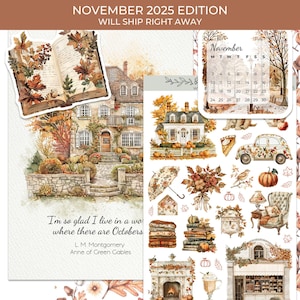 Op de afbeelding: Een collage van herfstthema-stickers en een kalenderpagina. De stickers bevatten illustraties van huizen, boeken, pompoenen en een vintage auto, allemaal in warme herfstkleuren. De kalender is voor november 2025.