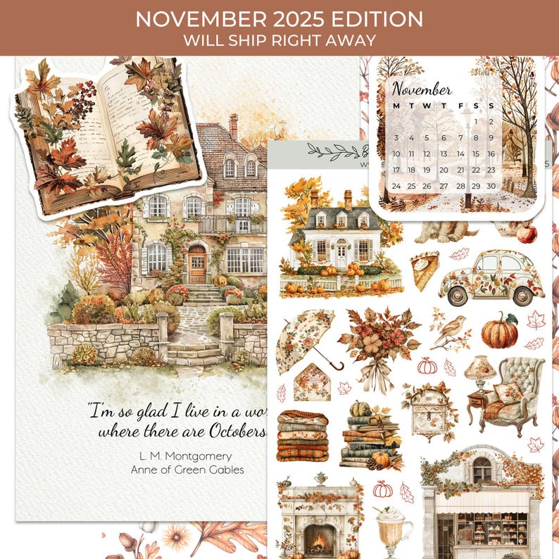 Op de afbeelding: Een collage van herfstthema-stickers en een kalenderpagina. De stickers bevatten illustraties van huizen, boeken, pompoenen en een vintage auto, allemaal in warme herfstkleuren. De kalender is voor november 2025.