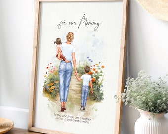 Custom Mommy and Me Watercolor Portrait Mothers Day Gift for Mom from Daughter or Son, Personalized Mother Gift Family Portrait Gift for Mum