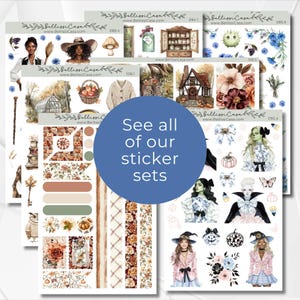 Op de afbeelding: Een verzameling decoratieve sticker vellen met aquarel illustraties. De ontwerpen omvatten portretten, bloemstukken, pompoenen en andere seizoensgebonden en fantasie-elementen. De tekst "See all of our sticker sets" is zichtbaar op een blauwe cirkel.