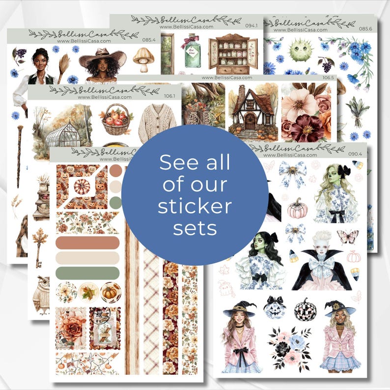 Op de afbeelding: Een verzameling decoratieve sticker vellen met aquarel illustraties. De ontwerpen omvatten portretten, bloemstukken, pompoenen en andere seizoensgebonden en fantasie-elementen. De tekst "See all of our sticker sets" is zichtbaar op een blauwe cirkel.