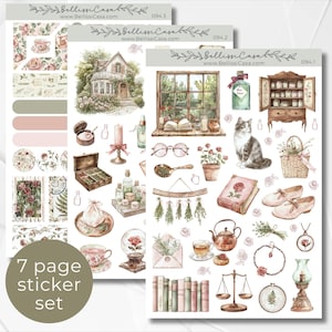 May include: A sticker set featuring watercolor illustrations of a cottage, books, teacups, and a cat. The set includes decorative elements like roses, a scale, and a vintage-style cabinet. The text "7 page sticker set" is visible.