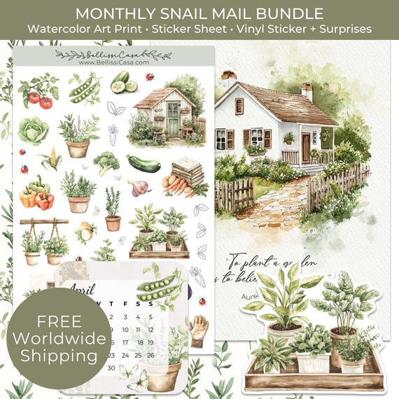 Monthly Sticker and Art Print Snail Mail Club, 2026 Calendar Planner Journaling Sticker Set, Watercolor Bullet Junk Journal Sticker Pack Set