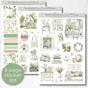 May include: A five-page sticker set with a farmhouse theme. The stickers feature illustrations of a house, a birdhouse, a rabbit, a teapot, a dresser, a sofa, a wardrobe, a book, flowers, and other home decor items. The stickers are printed on white paper and have a watercolour-like style.