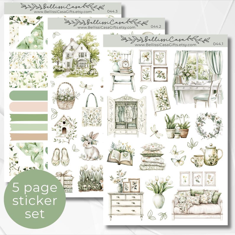 May include: A five-page sticker set with a farmhouse theme. The stickers feature illustrations of a house, a birdhouse, a rabbit, a teapot, a dresser, a sofa, a wardrobe, a book, flowers, and other home decor items. The stickers are printed on white paper and have a watercolour-like style.