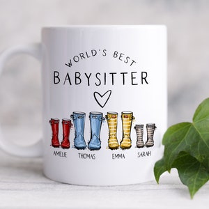 Babysitter Thank You Gift, Personalized Coffee Mug Gift for Babysitter Birthday Gift, Custom Welly Kids Print with Names, Wellington Boots