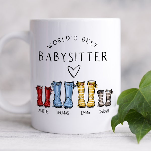 Babysitter Thank You Gift, Personalized Coffee Mug Gift for Babysitter Birthday Gift, Custom Welly Kids Print with Names, Wellington Boots