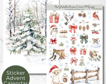 Watercolor Christmas Advent Calendar Sticker Set with Art Print, Holiday Junk Journal Advent Calendar Gift Kit, 5x7 Art Print + Stickers Set
