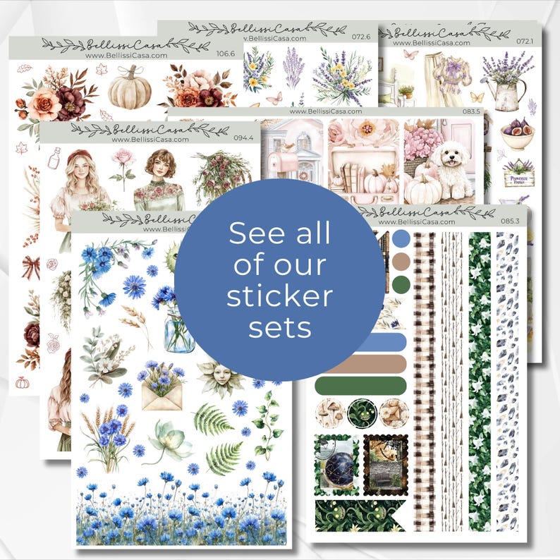 Op de afbeelding: Een verzameling decoratieve sticker vellen met bloemen en botanische ontwerpen, waaronder afbeeldingen van bloemen, pompoenen en illustraties. De tekst "See all of our sticker sets" wordt weergegeven op een blauwe cirkel.