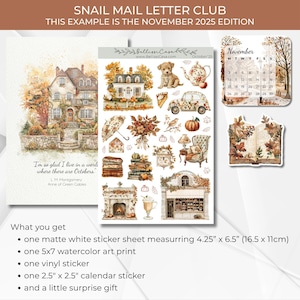 Op de afbeelding: Een herfst-thema briefpapier set met stickers, een aquarel print en een kalender. Het ontwerp bevat illustraties van huizen, pompoenen en bloemstukken. De tekst luidt "Snail Mail Letter Club" en "This example is the November 2025 edition."