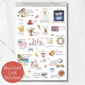 May include: A sticker sheet titled July Bucket List featuring watercolor illustrations of summer activities including a camper van, fireworks, a beach scene, an American flag, food items, flowers, and text prompts for seasonal tasks and events.