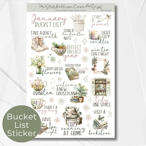May include: A sticker sheet with a watercolor design featuring a January bucket list. The sheet includes illustrations of a cozy armchair, teacup, flowers, and text such as "Drink Tea" and "Cozy Evening at Home."