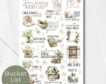 Januar Winter Bucket List Sticker Blatt, Saisonale Planer Sticker Aquarell Kalender Planer Journaling Sticker Seite für Bullet Journal