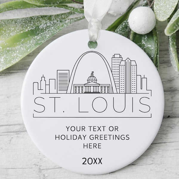 Saint Louis Skyline Ornament, Missouri Travel Gift, Moving Away Gift • Personalized Ceramic Christmas Tree Ornament, Custom Keepsake Gift