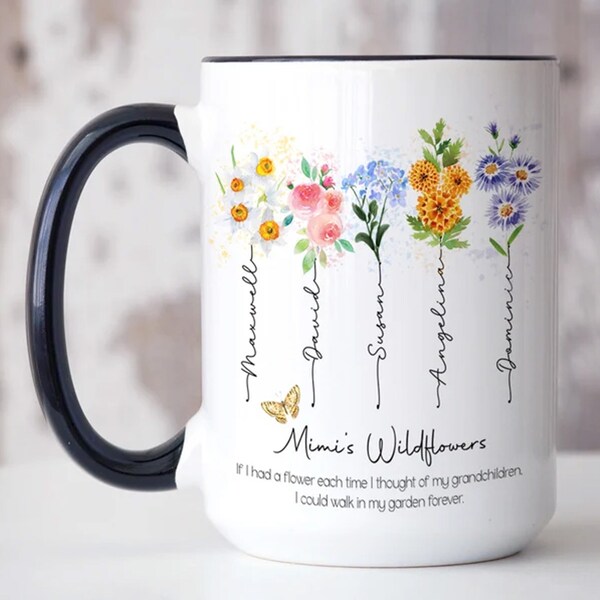 Mothers Day Gift for Mimi, Birth Month Flower Mug, Custom Grandma Gift Birth Flower Mug Personalized with Grandkids Names • Custom Mug