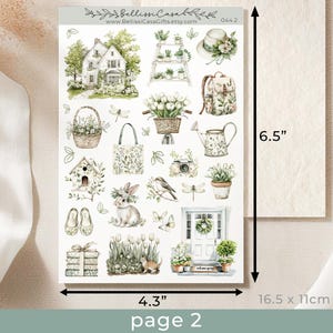 May include: A sheet of 4.3 by 6.5 inch stickers featuring watercolour illustrations of a house, flowers, a bird, a bunny, a basket, a watering can, a door, a camera, a backpack, a birdhouse, shoes, and a welcome sign. The stickers are on a white background and are perfect for adding a touch of whimsy to your planner, journal, or scrapbook.