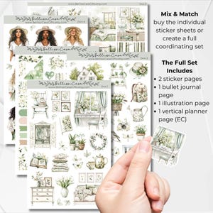 May include: A set of watercolour stickers featuring a cottagecore theme. The stickers include illustrations of a house, flowers, a teapot, a watering can, a bird, a dragonfly, a book, a chair, a window, a wreath, and a dresser. The stickers are perfect for adding a touch of whimsy to your planner, journal, or scrapbook.