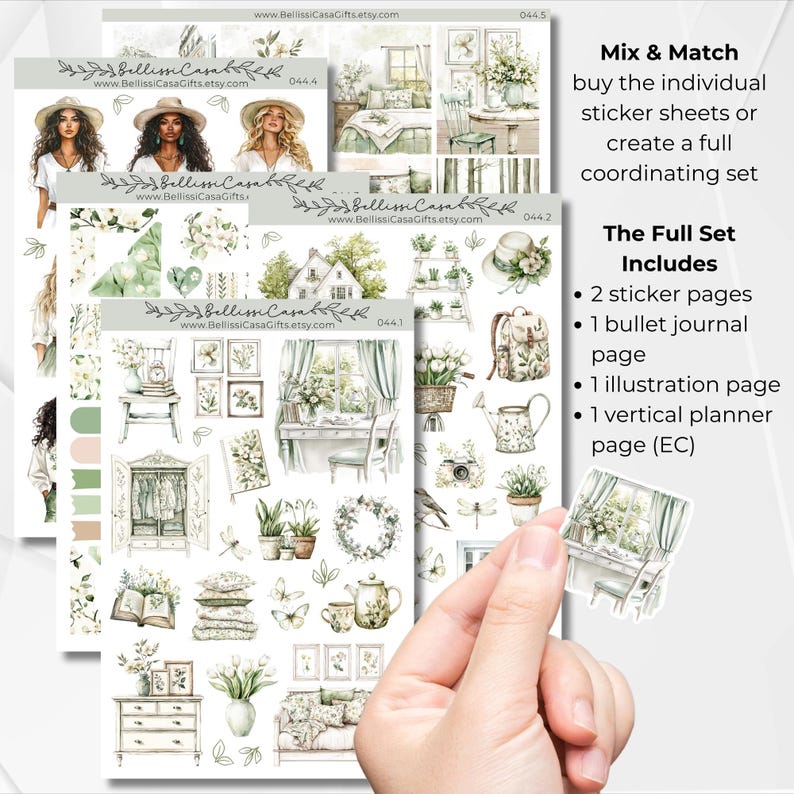 May include: A set of watercolour stickers featuring a cottagecore theme. The stickers include illustrations of a house, flowers, a teapot, a watering can, a bird, a dragonfly, a book, a chair, a window, a wreath, and a dresser. The stickers are perfect for adding a touch of whimsy to your planner, journal, or scrapbook.