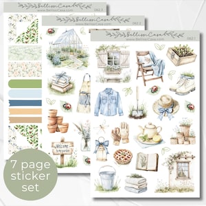 May include: A set of 7 pages of watercolor stickers featuring a garden theme. The stickers include a greenhouse, a window, a teapot, a bucket, a pie, a book, a lantern, a pair of gloves, a dragonfly, a welcome to my garden sign, a potted plant, a chair, a pair of boots, a hat, a ladybug, a watering can, a set of towels, and a variety of floral patterns.