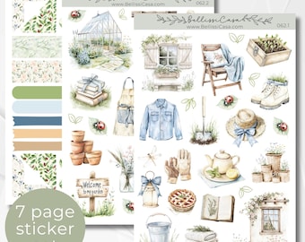 May include: A set of 7 pages of watercolor stickers featuring a garden theme. The stickers include a greenhouse, a window, a teapot, a bucket, a pie, a book, a lantern, a pair of gloves, a dragonfly, a welcome to my garden sign, a potted plant, a chair, a pair of boots, a hat, a ladybug, a watering can, a set of towels, and a variety of floral patterns.