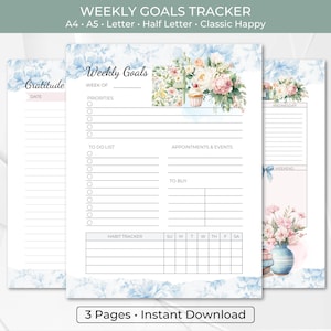 Planificador semanal imprimible, lista de tareas con objetivos semanales, diario de gratitud, planificador digital feliz (carta, media página, A4, A5) descargable, Coquette 079